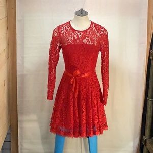 ANGVNS Women Long Sleeve Round Neck Swing Party A Line Lace Dress,Wine Red